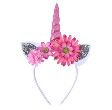 Enhjørning/unicorn hårbøjle, lyserød med store blomster og sølv øre, deluxe